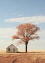 A rustic farmhouse by a beautiful tree. Generative AI