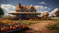 rustic farmhouse with a picket fence and pumpkins on the porch