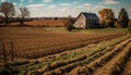 Rustic farmhouse sits upon grassy meadow Harvest beauty generated by AI Royalty Free Stock Photo