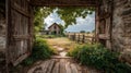 Rustic Farmhouse View Framed by Old Barn Doors with Lush Landscape Royalty Free Stock Photo