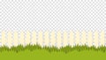 Rustic fence in green grass isolated template. White painted wooden picket fence drowned in dense bushes.