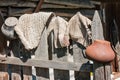 Rustic fence, pots and rugs in Palekh, Vladimir region, Russia