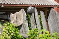 Rustic fence, pots and rugs in Palekh, Vladimir region, Russia