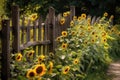 rustic fence surrounded by tall sunflowers