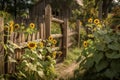 rustic fence surrounded by tall sunflowers