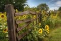 rustic fence surrounded by tall sunflowers