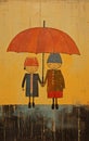 Rustic Figurative Painting: Couple Holding Umbrella In Naive Art Style