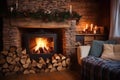 rustic fireplace with burning logs in a cozy room