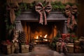 rustic fireplace decorated with pine cones and plaid bows