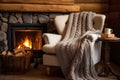 rustic fireplace with knitted throw on a chair