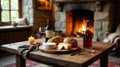 Rustic fireplace setting with wine, cheese, and bread for a cozy evening. Generative AI Royalty Free Stock Photo