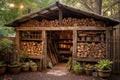 rustic firewood storage shed with stacked logs Royalty Free Stock Photo