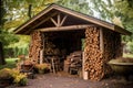 rustic firewood storage shed with stacked logs Royalty Free Stock Photo