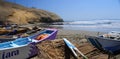 Rustic fishing boast in the coast of Lima Peru }