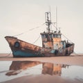 Rustic fishing boat stranded on sandy shore, a relic of seafaring days