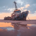 Rustic fishing boat stranded on sandy shore, a relic of seafaring days