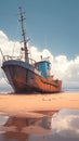 Rustic fishing boat stranded on sandy shore, a relic of seafaring days