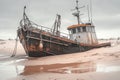 Rustic fishing boat stranded on sandy shore, a relic of seafaring days