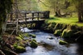 a rustic fishing bridge crossing a slow-moving stream