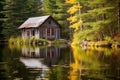 rustic fishing shack nestled along a forest lake