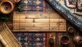 Rustic Flat Lay with Bamboo Mat, Ethnic Rugs, and Wooden Elements Royalty Free Stock Photo