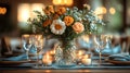 Rustic floral centerpiece, candlelit dinner, warm ambiance, restaurant setting Royalty Free Stock Photo