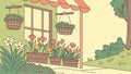 Rustic Flower Shop Exterior with Hanging Baskets, vector design Generative AI Royalty Free Stock Photo