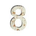 Rustic font. Digit eight, 8 cut out of paper on the background of old rustic wall with peeling paint and cracks. Set of simple