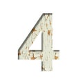 Rustic font. Digit four, 4 cut out of paper on the background of old rustic wall with peeling paint and cracks. Set of simple
