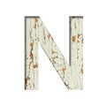 Rustic font. The letter N cut out of paper on the background of old rustic wall with peeling paint and cracks. Set of simple