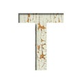 Rustic font. The letter T cut out of paper on the background of old rustic wall with peeling paint and cracks. Set of simple