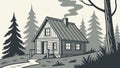 Rustic Forest Cabin Surrounded by Tall Pine Trees, vector design Generative AI Royalty Free Stock Photo