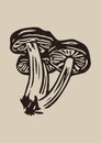 Rustic forest woodcut of folkart mushroom in simple silhouette style vector motif. Grungy icon for natural forest fungi