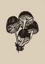 Rustic forest woodcut of folkart mushroom in simple silhouette style vector motif. Grungy icon for natural forest fungi