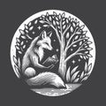 Rustic fox illustration reading book by tree for vintage intellectual library-themed apparel designs, Royalty Free Stock Photo