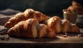 A rustic French breakfast: croissant, brioche, and chocolate pastry generated by AI