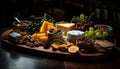 Rustic French cheese plate with fresh fruit generated by AI Royalty Free Stock Photo