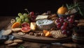 A rustic French cheese plate with grape variation and honey generated by AI Royalty Free Stock Photo