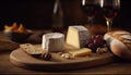 A rustic French still life bread, cheese, wine, and grapes generated by AI Royalty Free Stock Photo