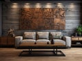 Rustic furniture against of decorative metal 3d panel wall. Interior design of modern living room