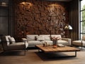 Rustic furniture against of decorative metal 3d panel wall. Interior design of modern living room