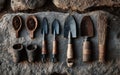 Rustic Gardening Tools on Stone Background Royalty Free Stock Photo