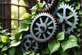 Rustic Gears Entwined with Ivy - Still Life Depiction of the Contrast Between Industrial Elements and Nature\'s Embrace