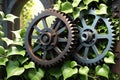 Rustic Gears Entwined with Ivy - Still Life Depiction of the Contrast Between Industrial Elements and Nature\'s Embrace