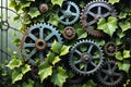 Rustic Gears Entwined with Ivy Symbolizing the Intersection of Nature and Machine, Morning Dew Clings