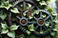 Rustic Gears Entwined with Ivy Symbolizing the Intersection of Nature and Machine, Morning Dew Clings