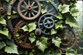 Rustic Gears Entwined with Ivy Symbolizing the Intersection of Nature and Machine, Morning Dew Clings