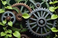 Rustic Gears Interlocked with Delicate Vines Symbolizing the Merge of Industrial and Natural Elements