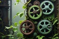 Rustic Gears Interlocked with Delicate Vines Symbolizing the Merge of Industrial and Natural Elements