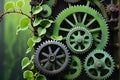 Rustic Gears Interlocked with Delicate Vines Symbolizing the Merge of Industrial and Natural Elements